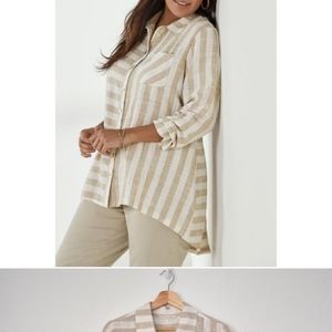 Soft Surroundings Camina Stripe Tunic Blouse Back Zipper Linen Button Down 